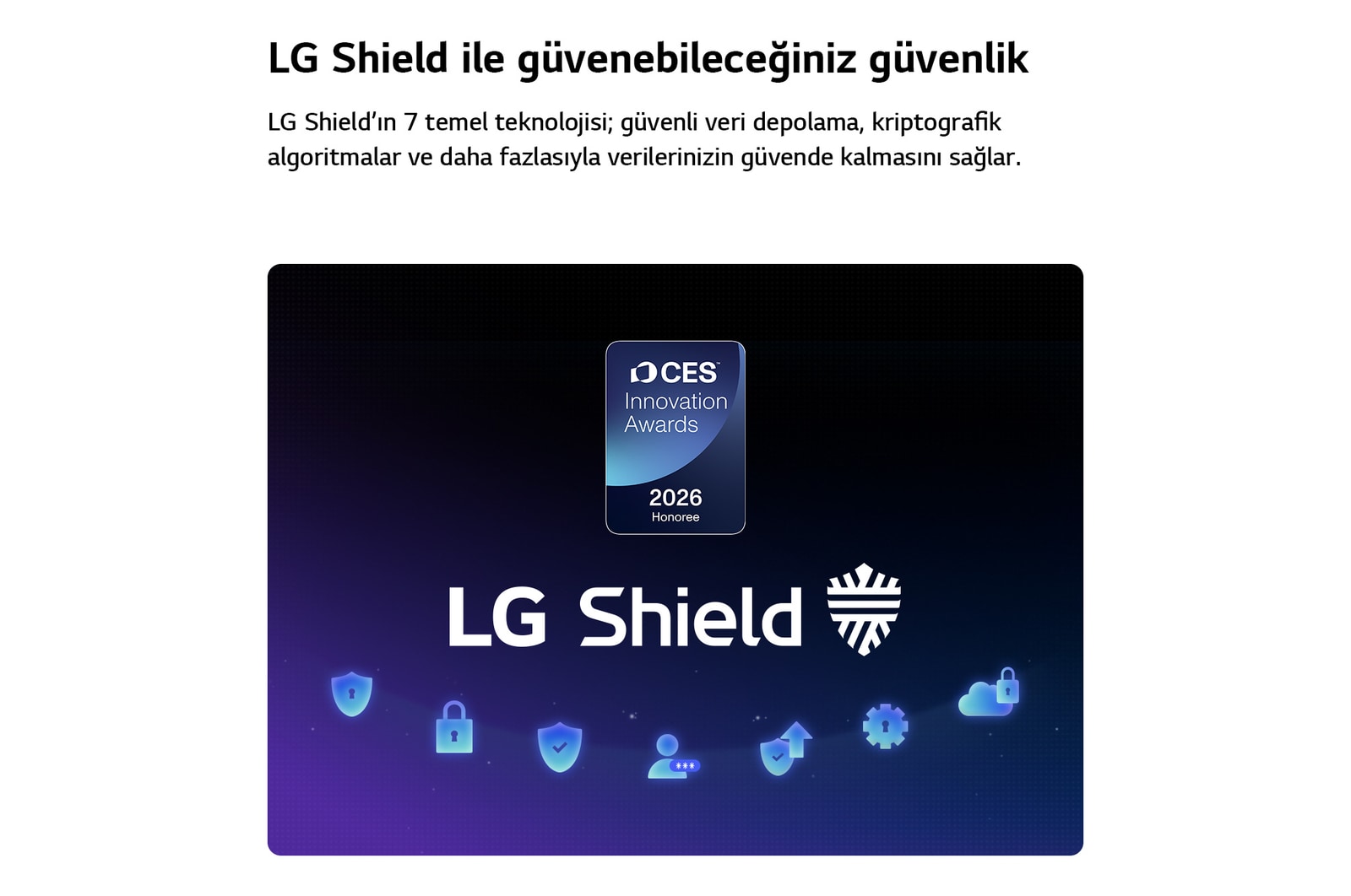 LG OLED evo AI C6’ya uygulanan LG Shield, merkezde LG Shield logosu, altında güvenlik simgeleri ve veri ile sistem korumasını temsil eden üstte 2026 CES Innovation Awards Honoree rozetiyle gösterilir.