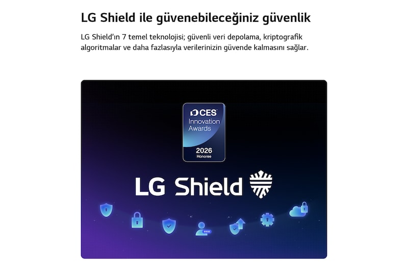 LG OLED evo AI C6’ya uygulanan LG Shield, merkezde LG Shield logosu, altında güvenlik simgeleri ve veri ile sistem korumasını temsil eden üstte 2026 CES Innovation Awards Honoree rozetiyle gösterilir.