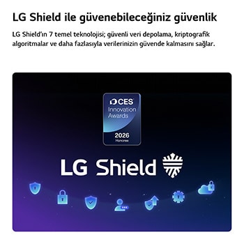 LG OLED evo AI C6’ya uygulanan LG Shield, merkezde LG Shield logosu, altında güvenlik simgeleri ve veri ile sistem korumasını temsil eden üstte 2026 CES Innovation Awards Honoree rozetiyle gösterilir.