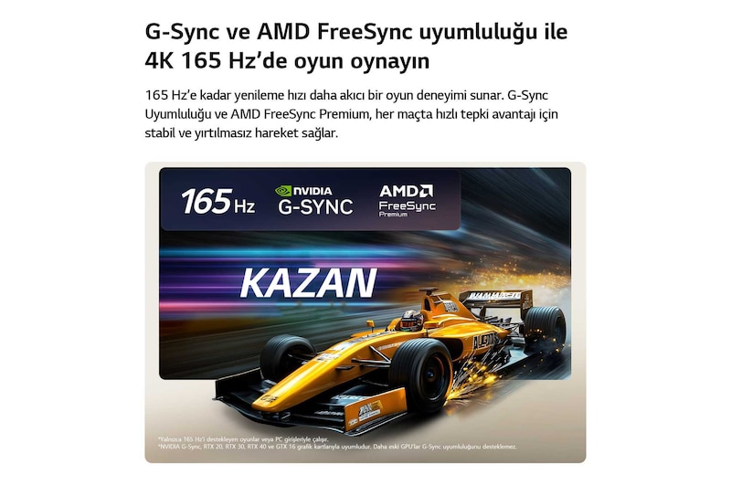 4K 165Hz’de Rakipsiz Oyun için LG OLED evo AI C6, hareket halindeki sarı açık tekerlekli bir araba, ekranda kalın “WIN” metni ve üstte NVIDIA G-SYNC ile AMD FreeSync Premium logolarıyla yüksek hızlı bir yarış oyununu gösteriyor.