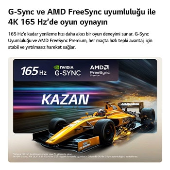 4K 165Hz’de Rakipsiz Oyun için LG OLED evo AI C6, hareket halindeki sarı açık tekerlekli bir araba, ekranda kalın “WIN” metni ve üstte NVIDIA G-SYNC ile AMD FreeSync Premium logolarıyla yüksek hızlı bir yarış oyununu gösteriyor.