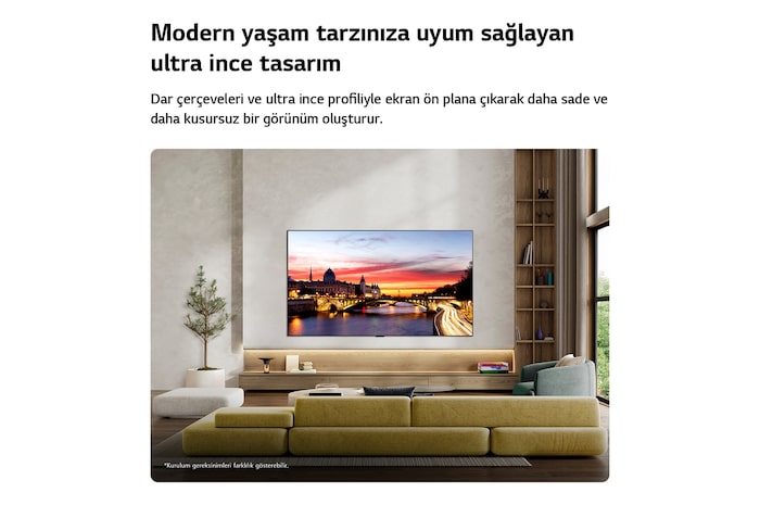 LG OLED evo AI C6, dar çerçevelere sahip ultra ince tasarımıyla şık bir yaşam alanında duvara monte edilmiş olup ekranda gün batımında nehir kenarı bir şehir manzarası görüntüler.