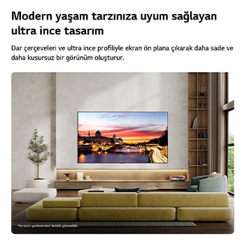 LG OLED evo AI C6, dar çerçevelere sahip ultra ince tasarımıyla şık bir yaşam alanında duvara monte edilmiş olup ekranda gün batımında nehir kenarı bir şehir manzarası görüntüler. 