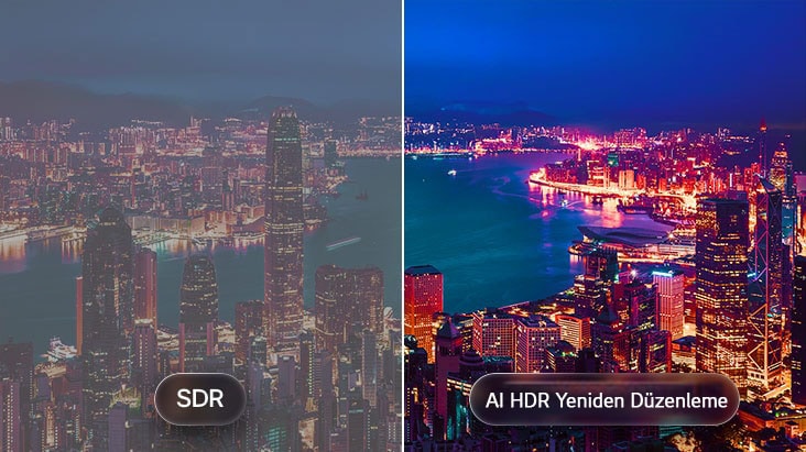 AI HDR Yeniden Düzenleme özelliğine sahip LG OLED evo AI G6, solda SDR ve sağda AI HDR Yeniden Düzenleme bulunan bölünmüş bir şehir manzarası karşılaştırmasında gösteriliyor; daha parlak şehir ışıkları, daha derin kontrast ve sahne genelinde daha canlı ayrıntılar sunuyor. 