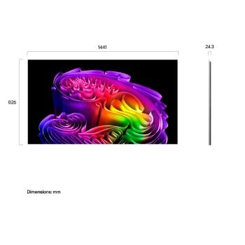 Ön ve yan görünümlerde gösterilen LG OLED evo AI G6, 1441 mm ekran genişliği, 826 mm ekran yüksekliği, standla birlikte 910 mm yükseklik, 24,3 mm derinlik ve 485 x 263 mm ölçülerinde stand ayak iziyle 65 inçlik bir ekranı vurguluyor.