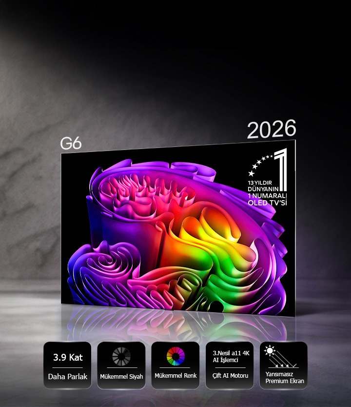 Hyper Radiant Color Tech tarafından desteklenen LG OLED evo AI G6, 3,9 Kat Daha Parlak pik parlaklığı, Mükemmel Siyah, Mükemmel Renk, alfa 11 AI İşlemci 4K Gen3 Çift AI Motoru ve Reflection Free Premium simgeleriyle ekranda canlı, soyut bir kâğıt sanatı görüntüsü sergiler.