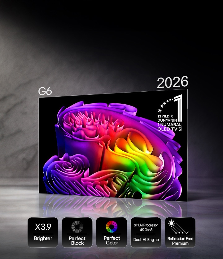 Hyper Radiant Color Tech tarafından desteklenen LG OLED evo AI G6, 3,9 Kat Daha Parlak pik parlaklığı, Mükemmel Siyah, Mükemmel Renk, alfa 11 AI İşlemci 4K Gen3 Çift AI Motoru ve Reflection Free Premium simgeleriyle ekranda canlı, soyut bir kâğıt sanatı görüntüsü sergiler.