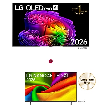 Front view of 77 inç LG OLED evo AI G6 TV Satın Alımlarında LG 50 inç UHD NU90 TV Hediye OLED77G6.50NU90