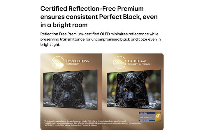 Reflection Free Premium özellikli LG OLED evo AI G6, diğer OLED TV’lerin Mat ekranına karşı yan yana bir karşılaştırma göstererek, siyah jaguar görüntüsünü özellikle parlak ortamlarda derin siyahlar ve ince dokuyla net tutuyor; Intertek sertifika işareti gösteriliyor.