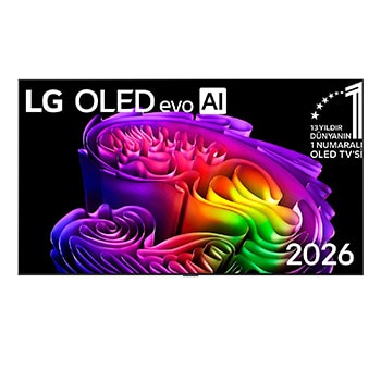 2026’da piyasaya sürülen LG OLED evo AI G6’nın önden görünümü, Hiper parlak renk teknolojisi ile Mükemmel Siyah ve Mükemmel Renk özelliklerini ve 13 Yıldır Dünyanın 1 Numaralı OLED TV rozetini içeren katmanlı, çok renkli formların bir görüntüsünü sergiler.
