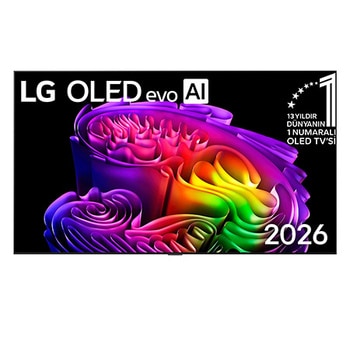 2026’da piyasaya sürülen LG OLED evo AI G6’nın önden görünümü, ince siyah bir çerçeveye ve ekranı dolduran zengin katmanlı, çok renkli formlardan oluşan canlı, heykelsi bir görüntüye sahiptir.