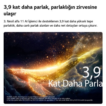 Parlaklık Artırıcı Ultra özelliğine sahip LG OLED evo AI G6, parlak partiküllerin ortasında parlak biçimde aydınlatılmış bir balina silüetinin öne çıktığı karanlık bir sahneyi göstererek daha net ayrıntılarla 3,9 kat daha fazla parlaklık sunuyor.