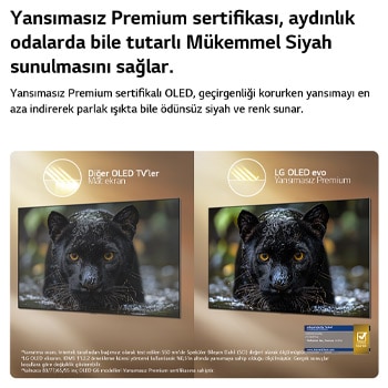 Reflection Free Premium özellikli LG OLED evo AI G6, diğer OLED TV’lerin Mat ekranına karşı yan yana bir karşılaştırma göstererek, siyah jaguar görüntüsünü özellikle parlak ortamlarda derin siyahlar ve ince dokuyla net tutuyor; Intertek sertifika işareti gösteriliyor.