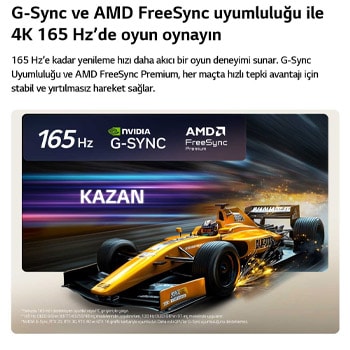 4K 165Hz’de Rakipsiz Oyun için LG OLED evo AI G6, hareket halindeki sarı açık tekerlekli bir araba, ekranda kalın “WIN” metni ve üstte NVIDIA G-SYNC ile AMD FreeSync Premium logolarıyla yüksek hızlı bir yarış oyununu gösteriyor.
