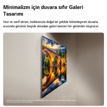Yandan gösterilen LG OLED evo AI G6, sıfır boşluklu wall-mounted kurulumla Flush Fit Gallery Design özelliğini vurgulayarak su üzerinde yansımalar bulunan aydınlatılmış bir köprünün gece sahnesini gösteriyor.