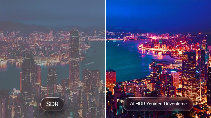 AI HDR Yeniden Düzenleme özelliğine sahip LG OLED evo AI W6 Wallpaper TV, solda SDR ve sağda AI HDR Yeniden Düzenleme bulunan bölünmüş bir şehir manzarası karşılaştırmasında gösteriliyor; daha parlak şehir ışıkları, daha derin kontrast ve sahne genelinde daha canlı ayrıntılar sunuyor.
