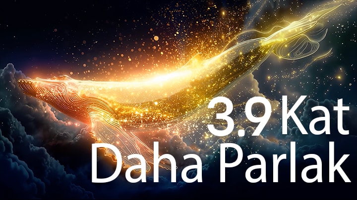 Parlaklık Artırıcı Ultra özelliğine sahip LG OLED evo AI W6 Wallpaper TV, parlak partiküllerle çevrili bir balina siluetinin öne çıktığı karanlık bir sahneyi göstererek daha yüksek parlaklık ve daha net ayrıntılarla 3,9 kata kadar daha yüksek pik parlaklık sunuyor.