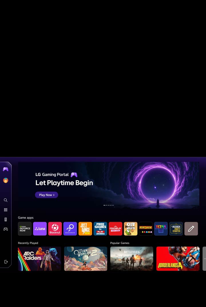 LG OLED evo AI W6 Wallpaper TV, webOS ekranında LG Oyun Portalını görüntüleyerek NVIDIA GeForce NOW ve webOS uygulamaları gibi bulut oyun hizmetleri üzerinden birden fazla oyun uygulamasına erişim sunan tek adımlı arayüze sahip bir oyun merkezini gösterir.