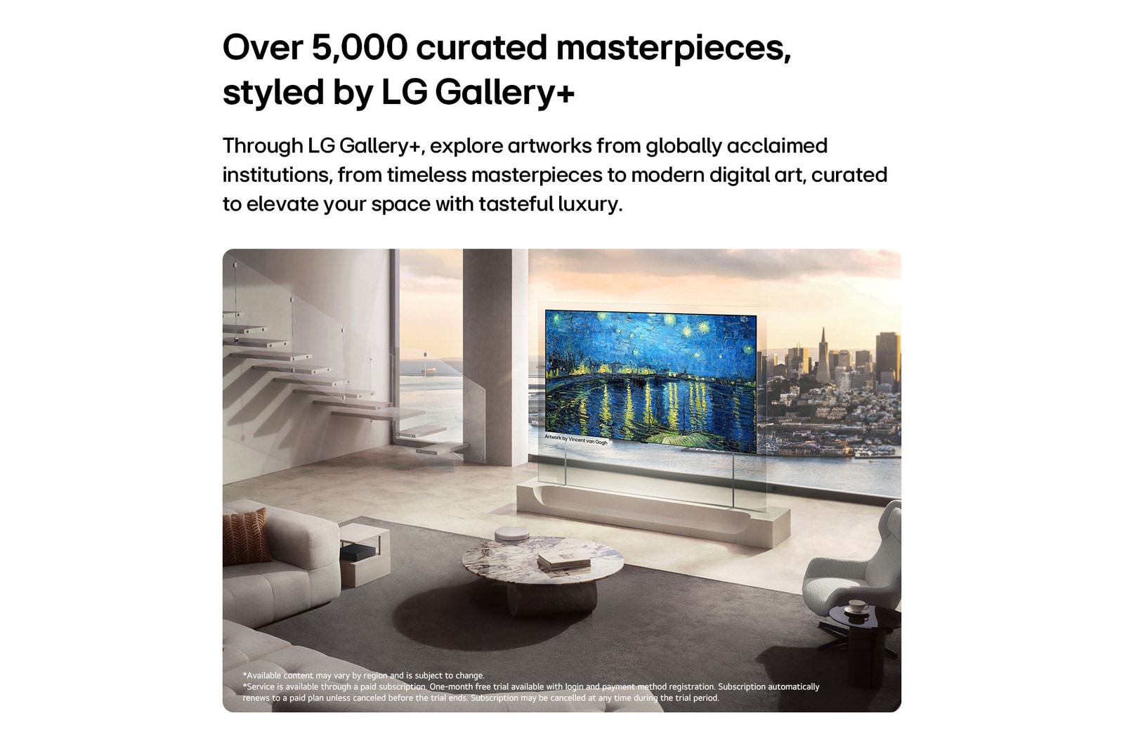 LG Gallery+’dan Çeşitli Sanat İçeriğine sahip LG OLED evo AI W6 Wallpaper TV, Vincent van Gogh’un Yıldızlı Gece tablosunu tavana kadar pencerelere sahip bir oturma odasında görüntüleyerek özenle seçilmiş galeri tarzı sanatla iç mekanı zenginleştiriyor.