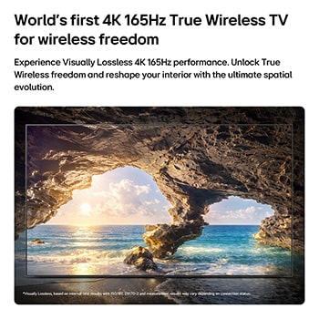 Görsel Olarak Kayıpsız performansa sahip LG OLED evo AI W6 Wallpaper TV, 4K 165 Hz’de güneşli bir okyanus mağarası sahnesini görüntüleyerek ince ayrıntıları, doğal renkleri ve kablosuz olarak akıcı hareketi korur.