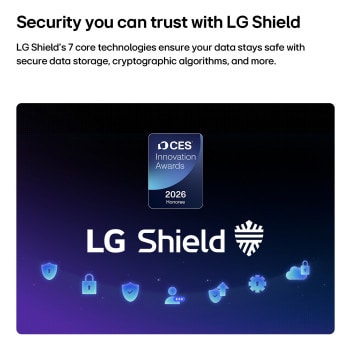 LG OLED evo AI W6 Wallpaper TV’ye uygulanan LG Shield, merkezde LG Shield logosu, altında güvenlik simgeleri ve veri ile sistem korumasını temsil eden üstte 2026 CES Innovation Awards Honoree rozetiyle gösterilir.