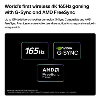 4K 165 Hz’de Rakipsiz Oyun için LG OLED evo AI W6 Wallpaper TV, hareket halindeki sarı açık tekerlekli bir araba, ekranda kalın “WIN” metni ve üstte NVIDIA G-SYNC ile AMD FreeSync Premium logolarıyla yüksek hızlı bir yarış oyununu gösteriyor.