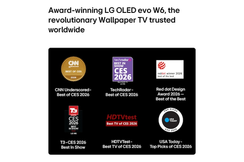 Hyper Radiant Renk Teknolojisi tarafından desteklenen LG OLED evo AI W6 Wallpaper TV, beşgen düzende alpha 11 AI İşlemci 4K Gen3 Dual AI Engine, Reflection Free Premium ile Mükemmel Siyah ve Mükemmel Renk rozetleriyle 3,9 kat daha parlak görselleri gösteriyor.