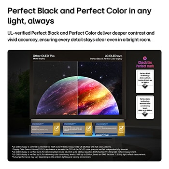 Reflection Free Premium özellikli LG OLED evo AI W6 Wallpaper TV, anti-glare mat bir ekrana karşı yan yana bir karşılaştırma göstererek, siyah jaguar görüntüsünü özellikle parlak ortamlarda derin siyahlar ve ince dokuyla net tutuyor; Intertek sertifika işareti gösteriliyor.