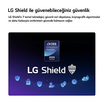 LG OLED AI B6’ya uygulanan LG Shield, merkezde LG Shield logosu, altında güvenlik simgeleri ve veri ile sistem korumasını temsil eden üstte 2026 CES Innovation Awards Honoree rozetiyle gösterilir.