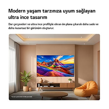 LG OLED AI B6, dar çerçeveleri ve ultra ince tasarımıyla şık bir yaşam alanında duvara monte edilmiş olup ekranda katmanlı dağ formlarına sahip gökkuşağı tonlu bir manzarayı sergiler.