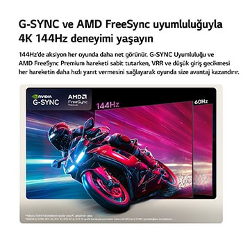 LG OLED AI B6, motosiklet yarışı oyununda 144Hz ile 60Hz’i karşılaştırarak 144Hz paneli ultra pürüzsüz ve yırtılmasız şekilde gösterir. Sol üstte, NVIDIA G-SYNC ve AMD FreeSync Premium logoları görünür.