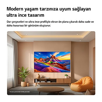 LG OLED AI B6, dar çerçeveleri ve ultra ince tasarımıyla şık bir yaşam alanında duvara monte edilmiş olup ekranda katmanlı dağ formlarına sahip gökkuşağı tonlu bir manzarayı sergiler.