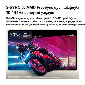 LG OLED AI B6, motosiklet yarışı oyununda 144Hz ile 60Hz’i karşılaştırarak 144Hz paneli ultra pürüzsüz ve yırtılmasız şekilde gösterir. Sol üstte, NVIDIA G-SYNC ve AMD FreeSync Premium logoları görünür.
