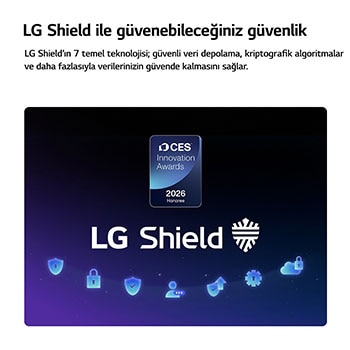 LG OLED AI B6’ya uygulanan LG Shield, merkezde LG Shield logosu, altında güvenlik simgeleri ve veri ile sistem korumasını temsil eden üstte 2026 CES Innovation Awards Honoree rozetiyle gösterilir.