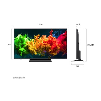 Ön ve yan görünümleri gösterilen LG QNED evo AI QNED80 Mini LED, 1236 mm ekran genişliği, 718 mm ekran yüksekliği, standıyla birlikte 780 mm yükseklik, 67,9 mm profil derinliği ve 1086 x 230 mm stant taban alanına sahip 55 inç ekranı vurguluyor.