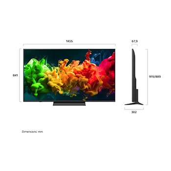 Ön ve yan görünümleri gösterilen LG QNED evo AI QNED81 Mini LED, 1455 mm ekran genişliği, 841 mm ekran yüksekliği, standıyla birlikte 904 mm yükseklik, 67,9 mm profil derinliği ve 1217 x 269 mm stant taban alanına sahip 65 inç ekranı vurguluyor.