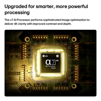 LG QNED evo AI QNED81 Mini LED’in 9.Nesil alfa 7 AI 4K İşlemci özelliği, sarı bir devre kartının ortasında parlayarak, gelişmiş kontrast ve derinlikle 4K görüntü netliğini artıran daha akıllı ve daha güçlü yapay zeka işlemeyi vurguluyor.