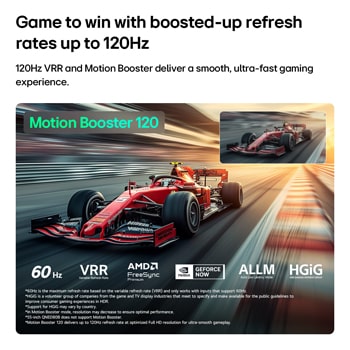 Üstün Oyun Deneyimi özellikli LG QNED evo AI QNED81 Mini LED, yüksek hızlı bir yarış sahnesini gösteriyor ve daha akıcı hareket sağlayan Motion Booster 120 ile bir karşılaştırma bölümü de içeriyor. 60 Hz, VRR, AMD FreeSync, ALLM, HGiG ve GeForce NOW destekleniyor.