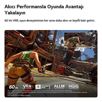 Üstün Oyun Deneyimi için LG QNED evo AI QNED80 Mini LED daha akıcı hareketi vurgulayan bir karşılaştırma ile hızlı tempolu bir aksiyon oyunu sahnesini gösteriyor. 60 Hz, VRR, AMD FreeSync, ALLM, HGiG ve GeForce NOW özelliklerini destekliyor.