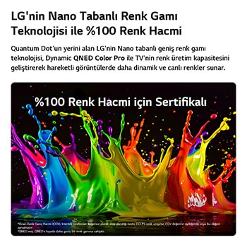 Dinamik QNED Renk Pro özelliğine sahip LG QNED evo AI QNED85 Mini LED ekranda canlı, akıcı, çok renkli ve boya benzeri hareketlerle %100 Renk Hacmi sertifikasına sahip gelişmiş renk canlılığı gösteriliyor.