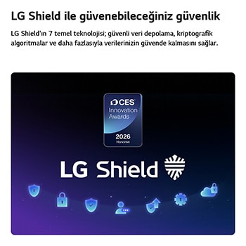 LG QNED evo AI QNED85 Mini LED’e uygulanan LG Shield, merkezde LG Shield logosu, altında güvenlik simgeleri ile üstte veri ve sistem korumasını temsil eden 2026 CES Innovation Awards Honoree rozetiyle gösteriliyor.