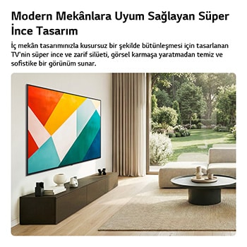 Süper İnce tasarımlı LG QNED evo AI QNED85 Mini LED, aydınlık ve açık bir yaşam alanında duvara monte edilmiş. Göz alıcı geometrik soyut sanat eserlerini görüntülerken iç mekana uyum sağlıyor.