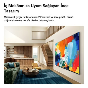 İnce tasarımlı LG QNED evo AI QNED85 Mini LED, aydınlık ve açık bir yaşam alanında duvara monte edilmiş. İç mekana kusursuz bir şekilde uyum sağlayan şık bir profile sahip ve ekranda cesur, renkli bir soyut sanat eseri sergileniyor.