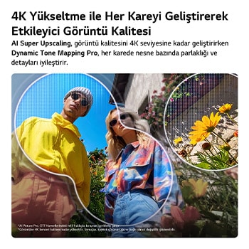 AI Resim Pro ve Dinamik Ton Eşleştirme Pro özellikli LG QNED evo AI QNED85 Mini LED ekranda canlı çiçekler arasında iki kişi alçak açılı bir dış mekan sahnesinde gösteriliyor. Yapay zeka her kareyi algılayıp 4K çözünürlüğe yükselterek daha net doku ve detay sağlıyor.