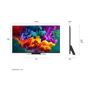 Ön ve yan görünümleri gösterilen LG QNED evo AI QNED85 Mini LED, 1236 mm ekran genişliği, 716 mm ekran yüksekliği, standıyla birlikte 783 mm yükseklik, 29,7 mm ince profil derinliği ve 1074 x 257 mm stant alanına sahip 55 inç ekranı vurguluyor.