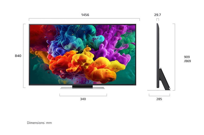 Ön ve yan görünümleri gösterilen LG QNED evo AI QNED85 Mini LED, 1456 mm ekran genişliği, 840 mm ekran yüksekliği, standıyla birlikte 904 mm yükseklik, 29,7 mm ince profil derinliği ve 1167/425 x 295 mm stant alanına sahip 65 inç ekranı vurguluyor.