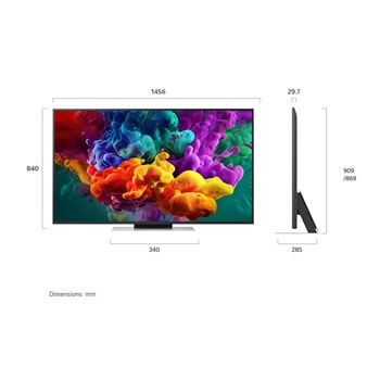 Ön ve yan görünümleri gösterilen LG QNED evo AI QNED85 Mini LED, 1456 mm ekran genişliği, 840 mm ekran yüksekliği, standıyla birlikte 904 mm yükseklik, 29,7 mm ince profil derinliği ve 1167/425 x 295 mm stant alanına sahip 65 inç ekranı vurguluyor.