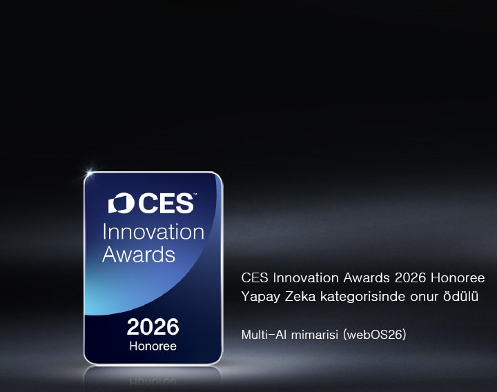 CES Innovation Awards 2026 Honoree rozeti, koyu renkli bir arka plan üzerinde gösteriliyor. Multi-AI Mimarisi, Yapay Zeka kategorisinde ödüle layık görülmüştür.