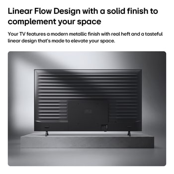 LG QNED evo AI Mini LED QNED8M, arkadan görünümünde, temiz ve düzenli bir görünüm oluşturan eşit aralıklı yatay çıkıntılara sahip metal arka paneliyle gösterilir; bu tasarım tüm yüzey boyunca Linear Flow Tasarımını öne çıkarır.