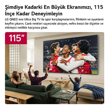 Ön ve yan görünümleri gösterilen LG QNED evo AI QNED90 Mini LED, 2565 mm ekran genişliği, 1469 mm ekran yüksekliği, standıyla birlikte 1524/1554 mm yükseklik, 58,9 mm profil derinliği ve 1880 x 465 mm ölçülerindeki stant taban alanına sahip 115 inç ekranı vurguluyor.